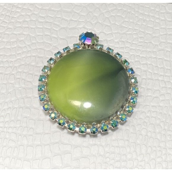 VTG Givre Art Glass AB Rhinestone Brooch Prong Set Green Yellow 2 Inches Silver - Picture 1 of 5